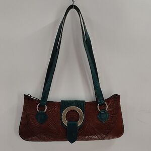 Leaders In Leather Brown Green Leather Embossed Shoulder Bag Double Straps